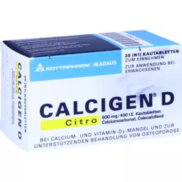 CALCIGEN D Citro 600 mg/400 UI comprimidos mastigáveis, 20 unidades
