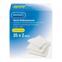 Compressas de gaze Alvita estéreis 5x5 cm, 25x2 peças