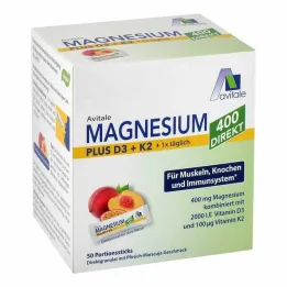 Magnésio 400 + D3 + K2 maracujá pêssego direto, 50X2,5 g